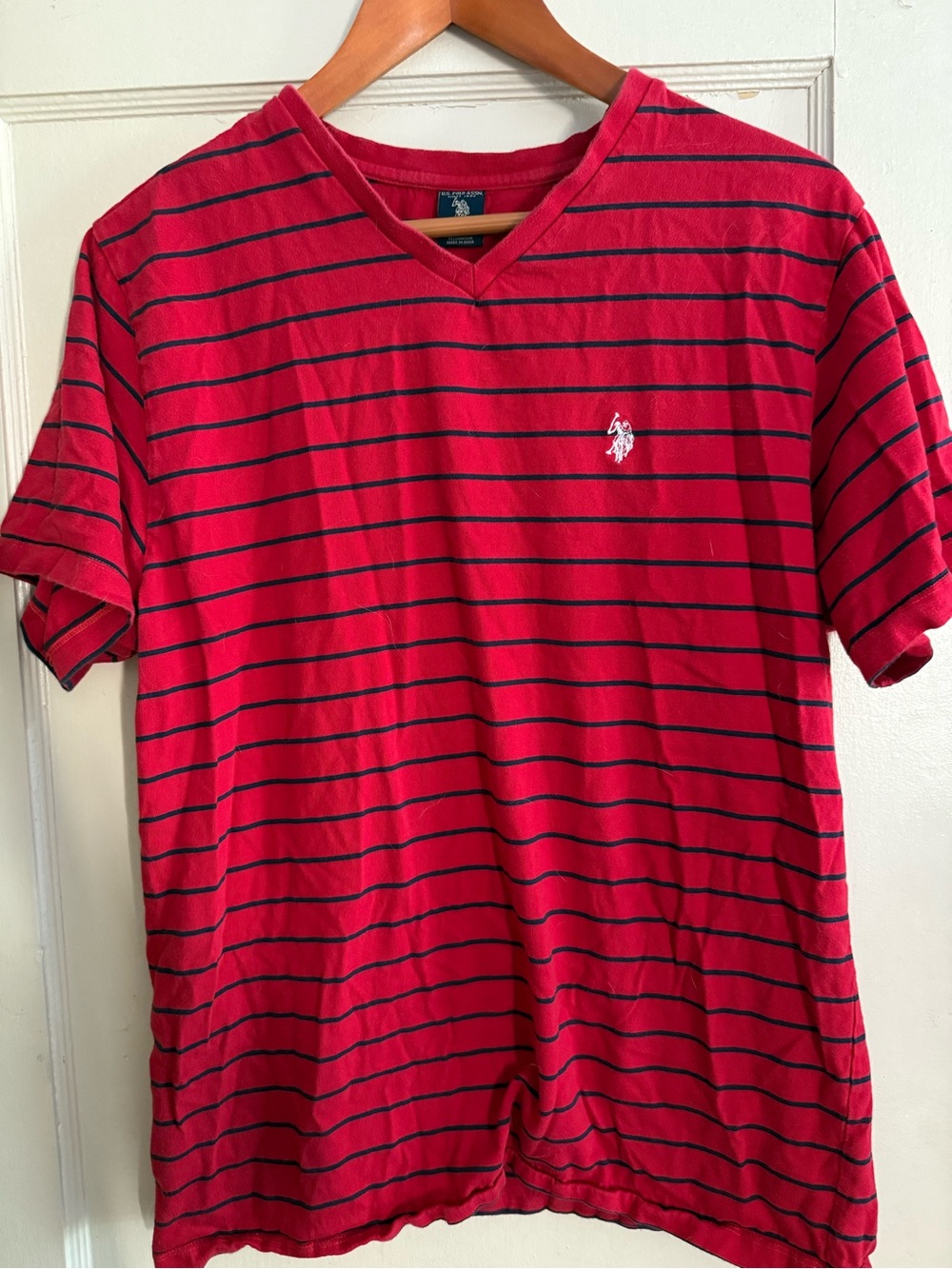 U.S. Polo Assn. Red V‑Neck Polo with Navy Stripes